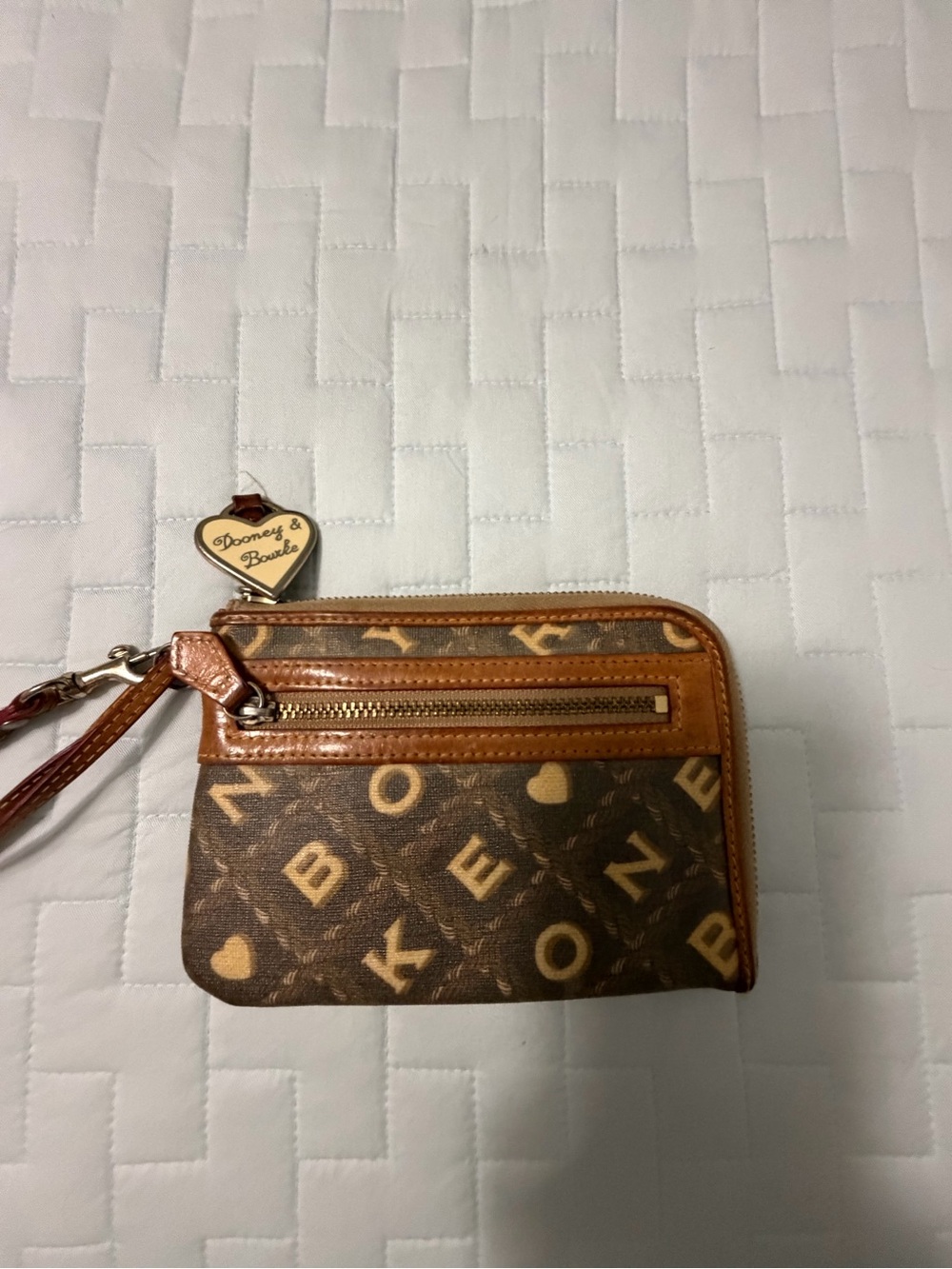 Dooney & Bourke Brown Logo Wristlet with Tan Leather Trim